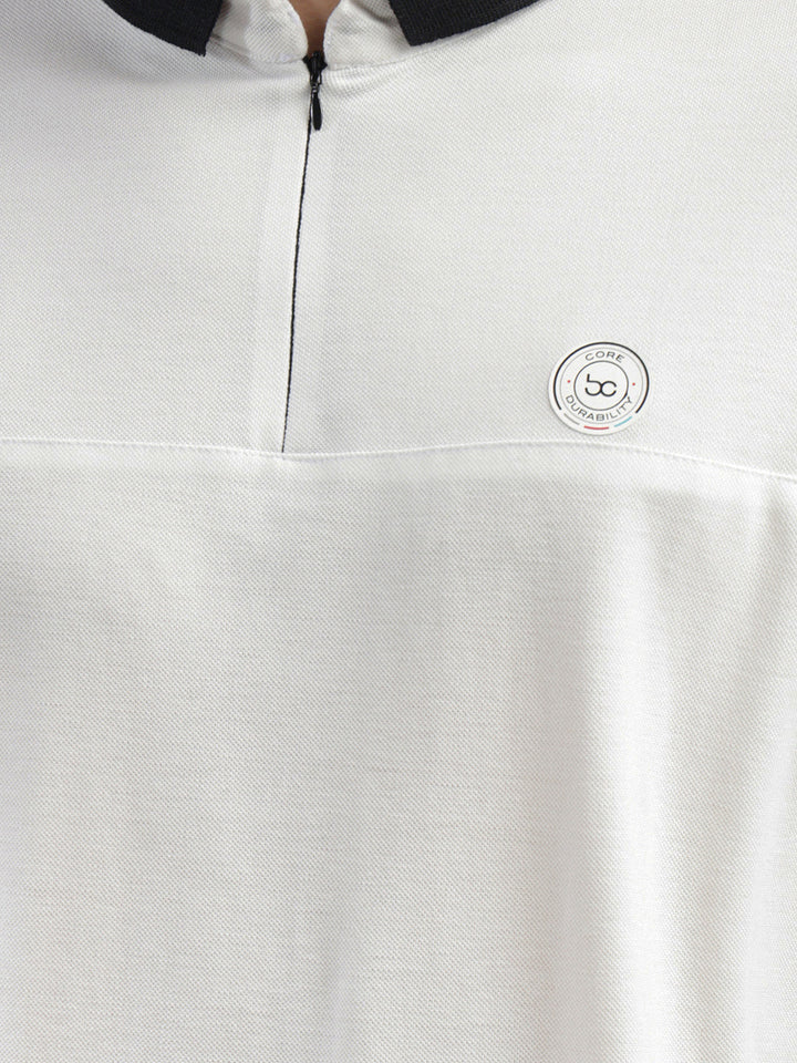 cobb solid white polo neck zipper t-shirt