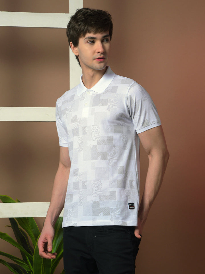 cobb white printed polo neck t-shirt