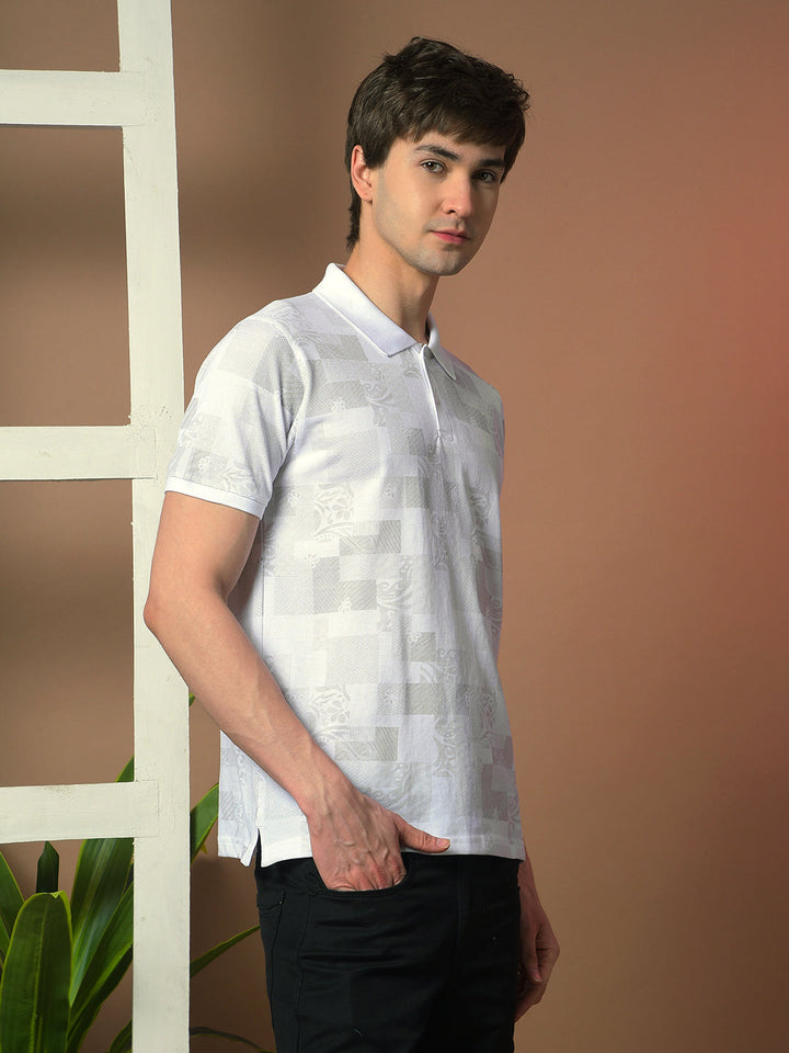 COBB WHITE PRINTED POLO NECK T-SHIRT