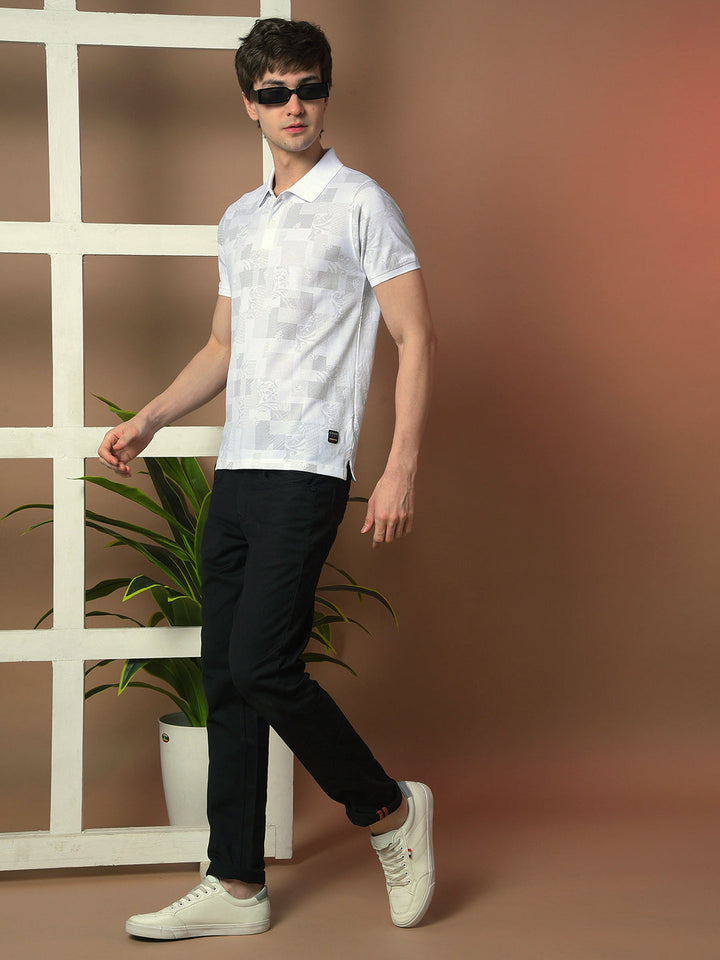 COBB WHITE PRINTED POLO NECK T-SHIRT