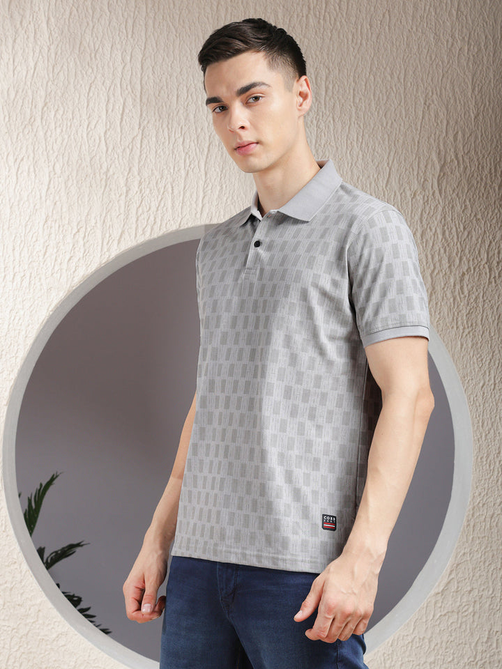 COBB GREY PRINTED POLO NECK T-SHIRT