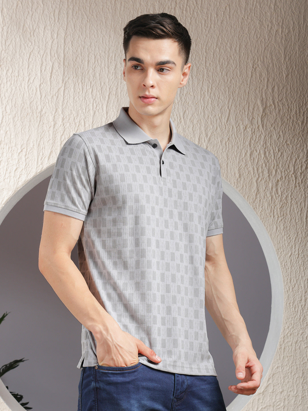 COBB GREY PRINTED POLO NECK T-SHIRT