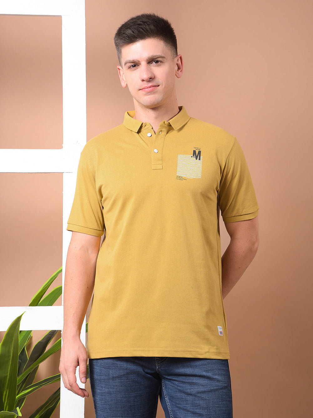 cobb mustard printed polo neck t-shirt