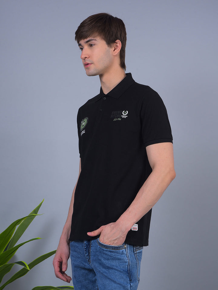 COBB BLACK PRINTED POLO NECK T-SHIRT