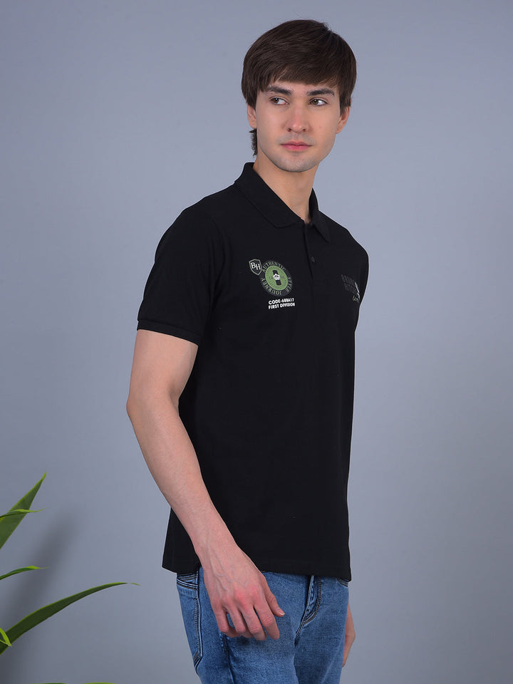 COBB BLACK PRINTED POLO NECK T-SHIRT