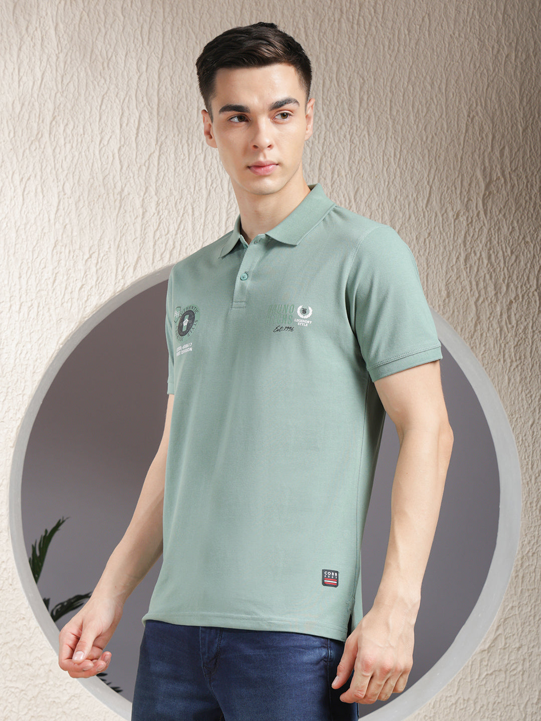 COBB GREEN PRINTED POLO NECK T-SHIRT