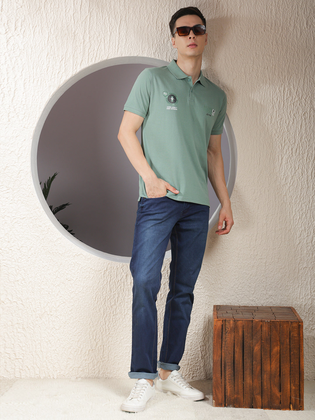 COBB GREEN PRINTED POLO NECK T-SHIRT