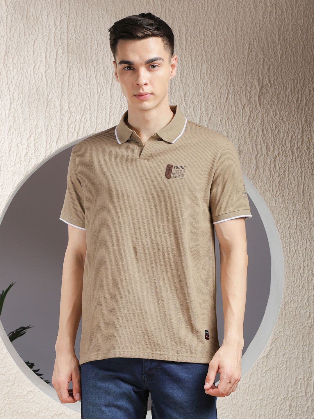 COBB BROWN STRIPED POLO NECK T-SHIRT