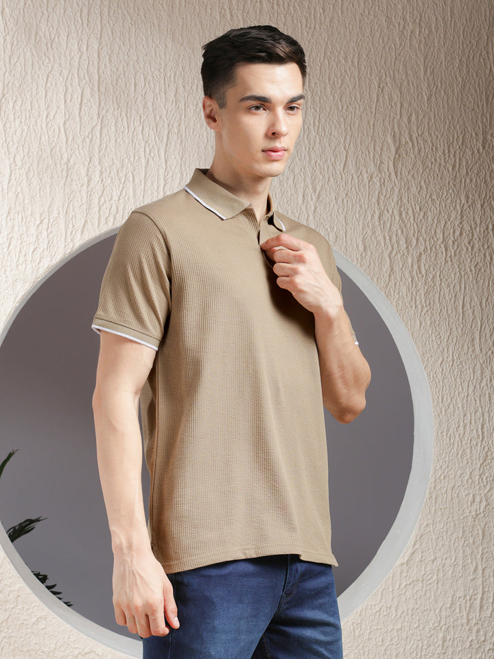 COBB BROWN STRIPED POLO NECK T-SHIRT
