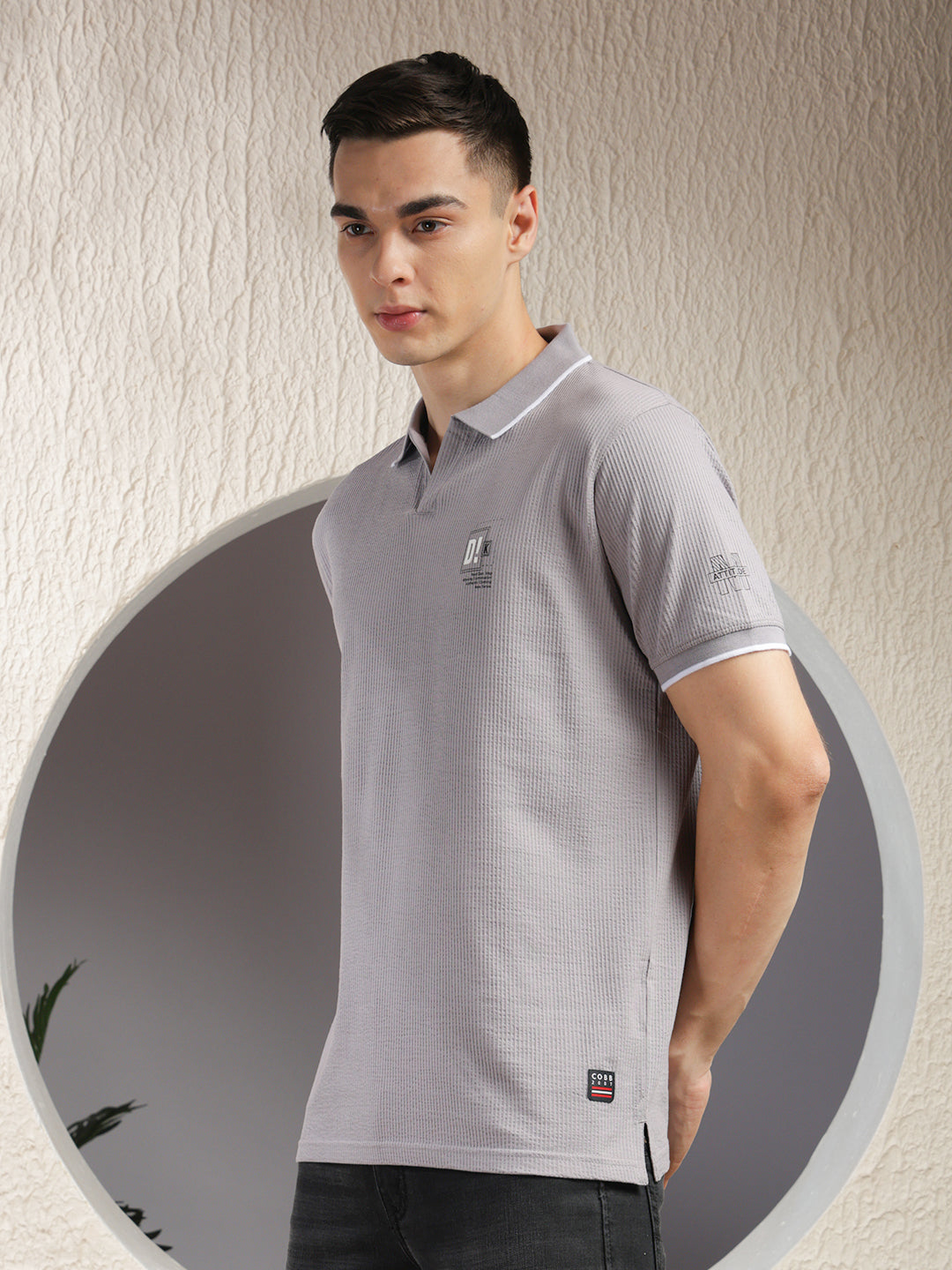 COBB COOL GREY STRIPED POLO NECK T-SHIRT