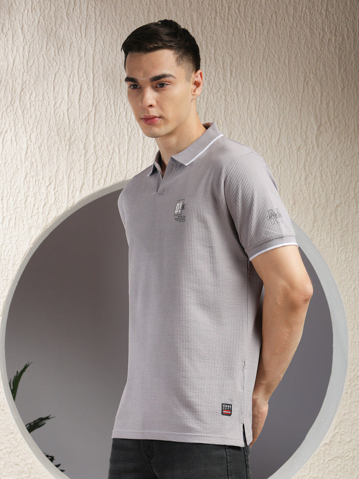 COBB COOL GREY STRIPED POLO NECK T-SHIRT