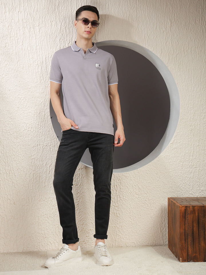 COBB COOL GREY STRIPED POLO NECK T-SHIRT