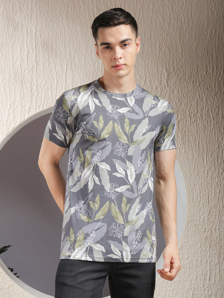 cobb dark grey printed round neck t-shirt