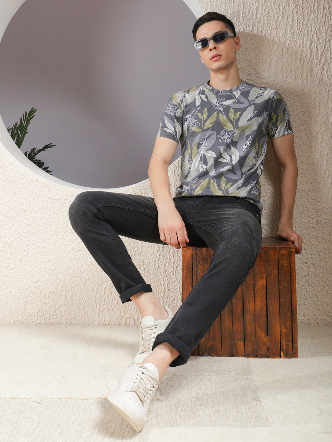 COBB DARK GREY PRINTED ROUND NECK T-SHIRT
