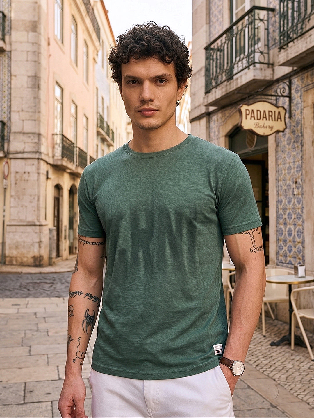 cobb pista green self-design round neck t-shirt