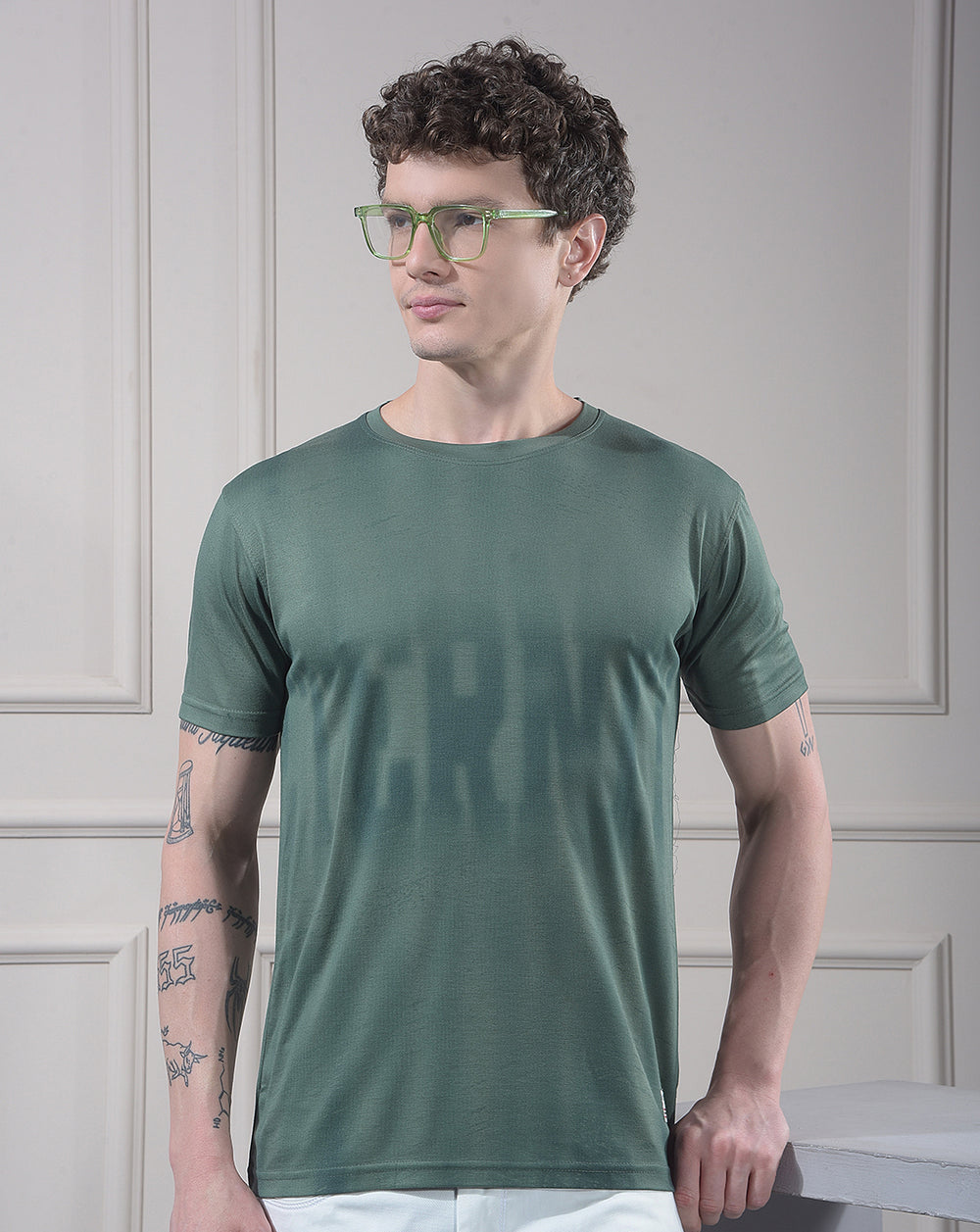 cobb pista green self-design round neck t-shirt