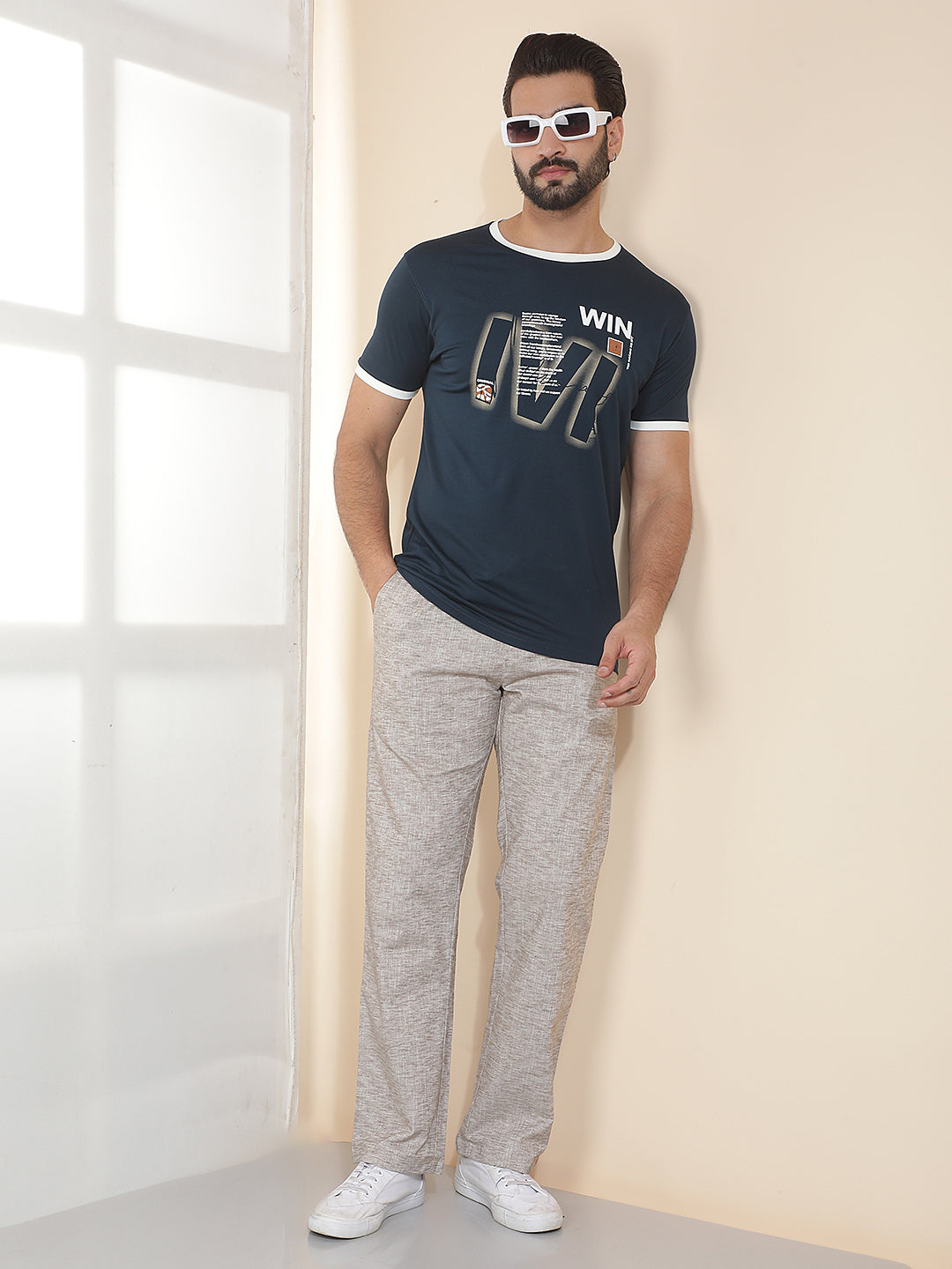 COBB NAVY BLUE PRINTED ROUND NECK T-SHIRT