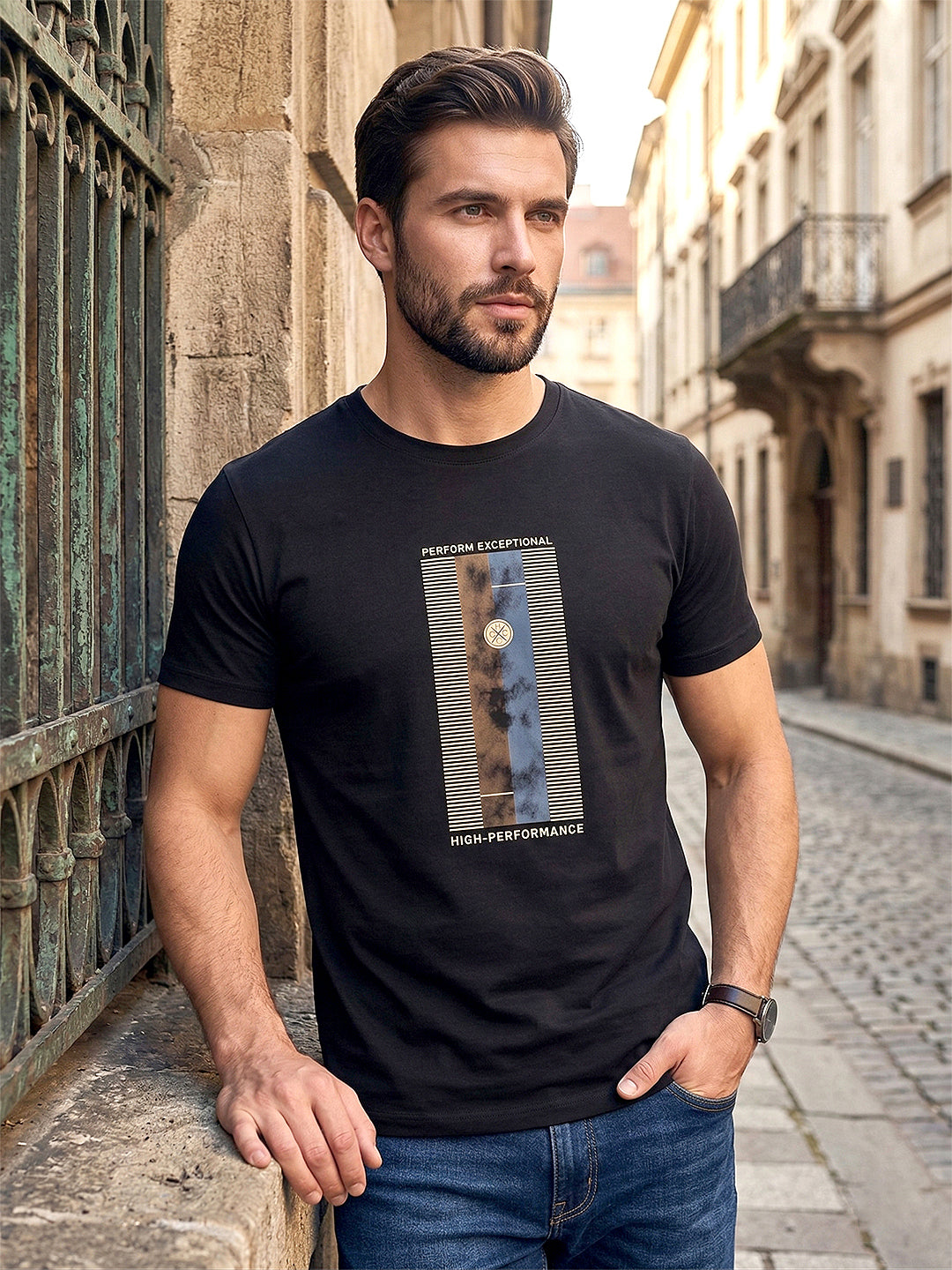 cobb black printed round neck t-shirt