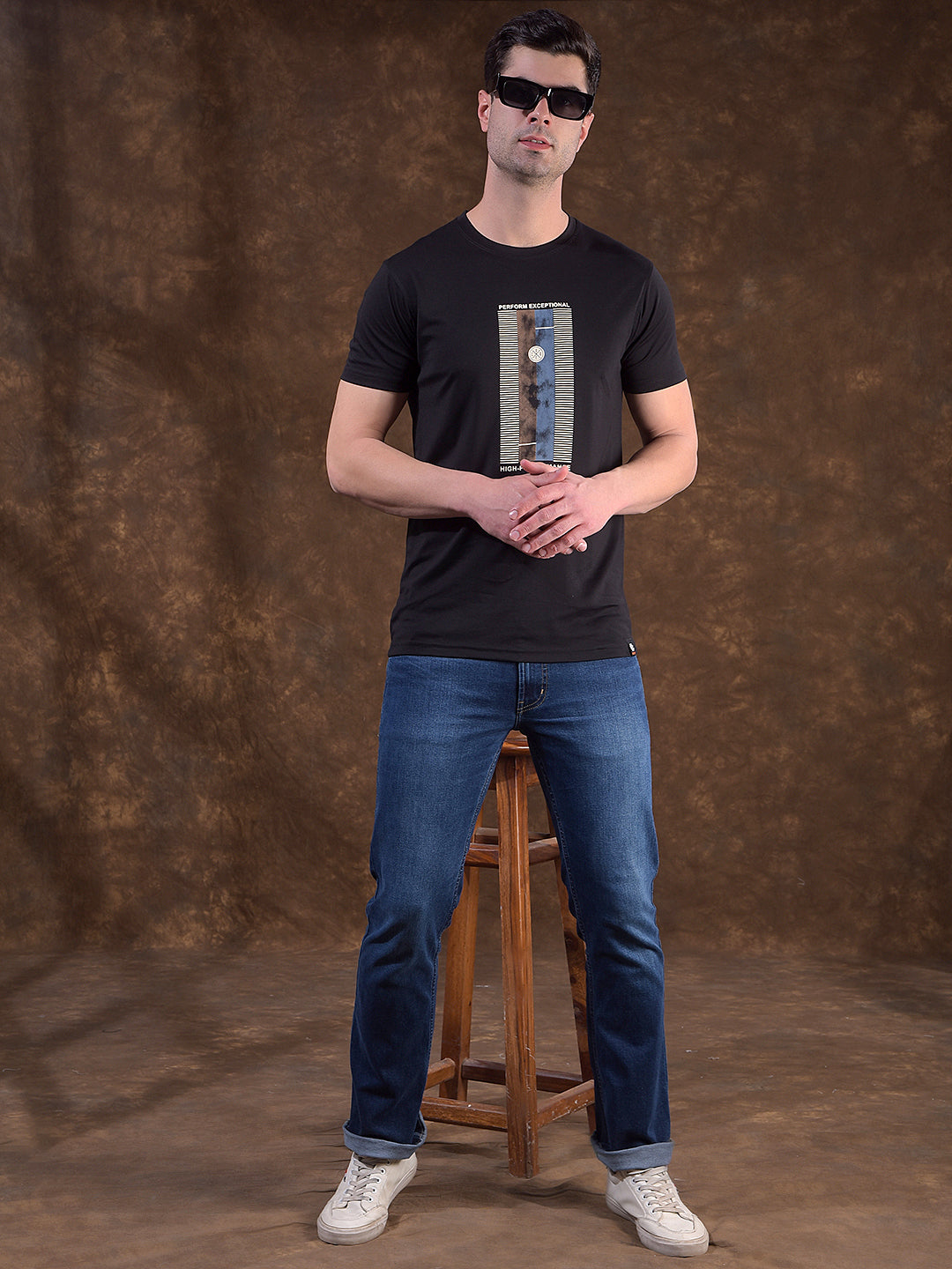 COBB BLACK PRINTED ROUND NECK T-SHIRT