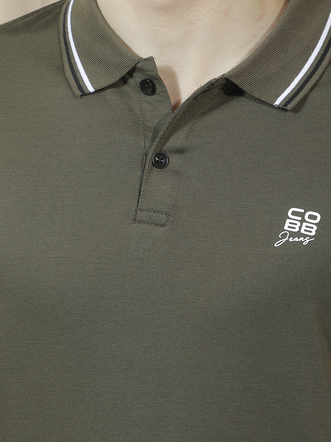 COBB OLIVE SOLID POLO NECK T-SHIRT