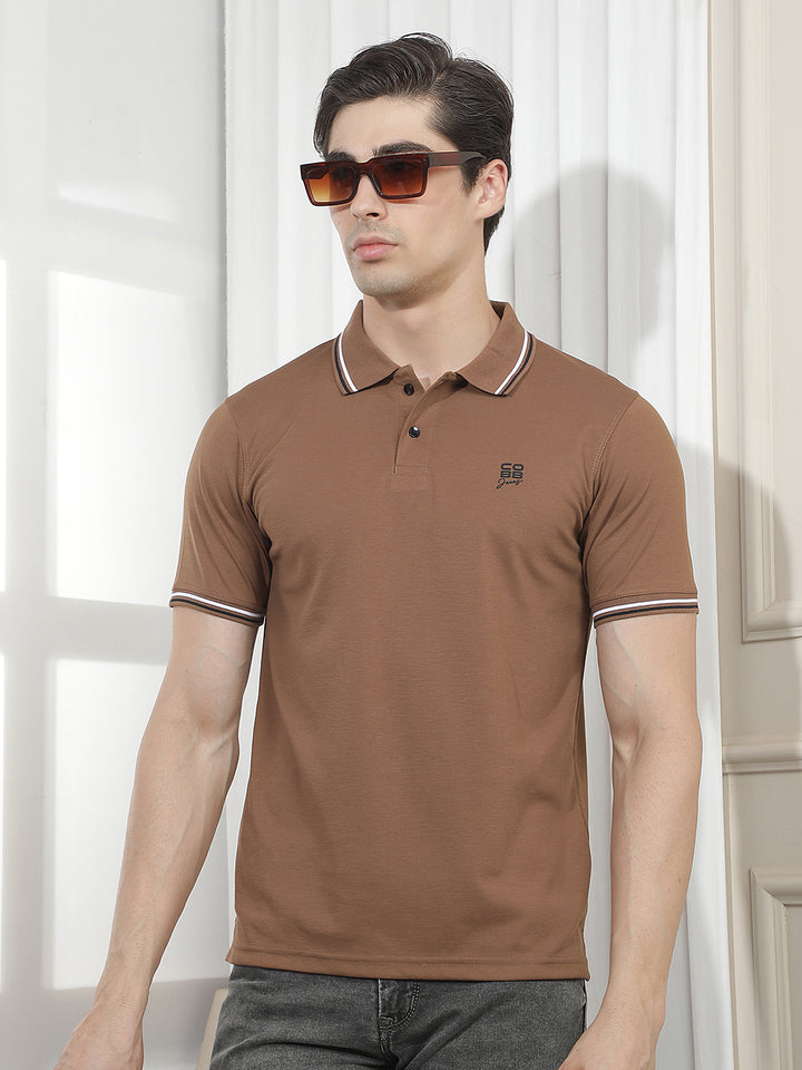 TAN SOLID POLO T-SHIRT