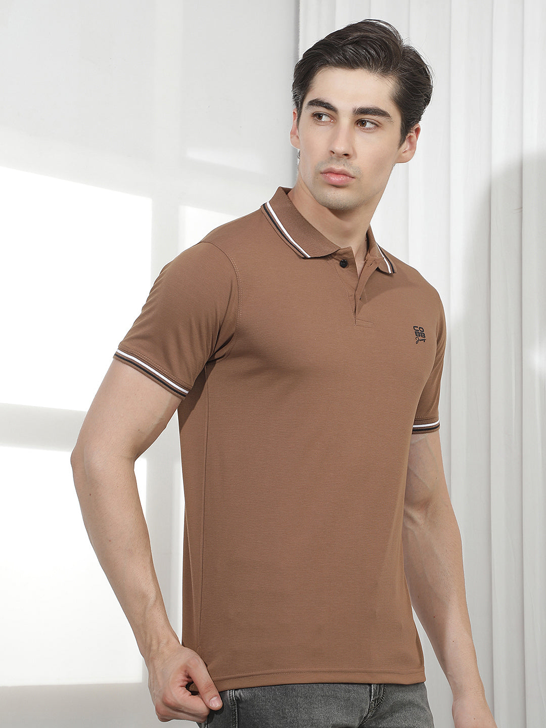 TAN SOLID POLO T-SHIRT