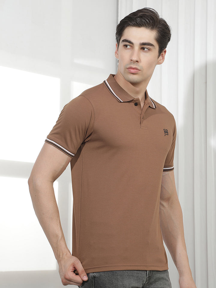 TAN SOLID POLO T-SHIRT