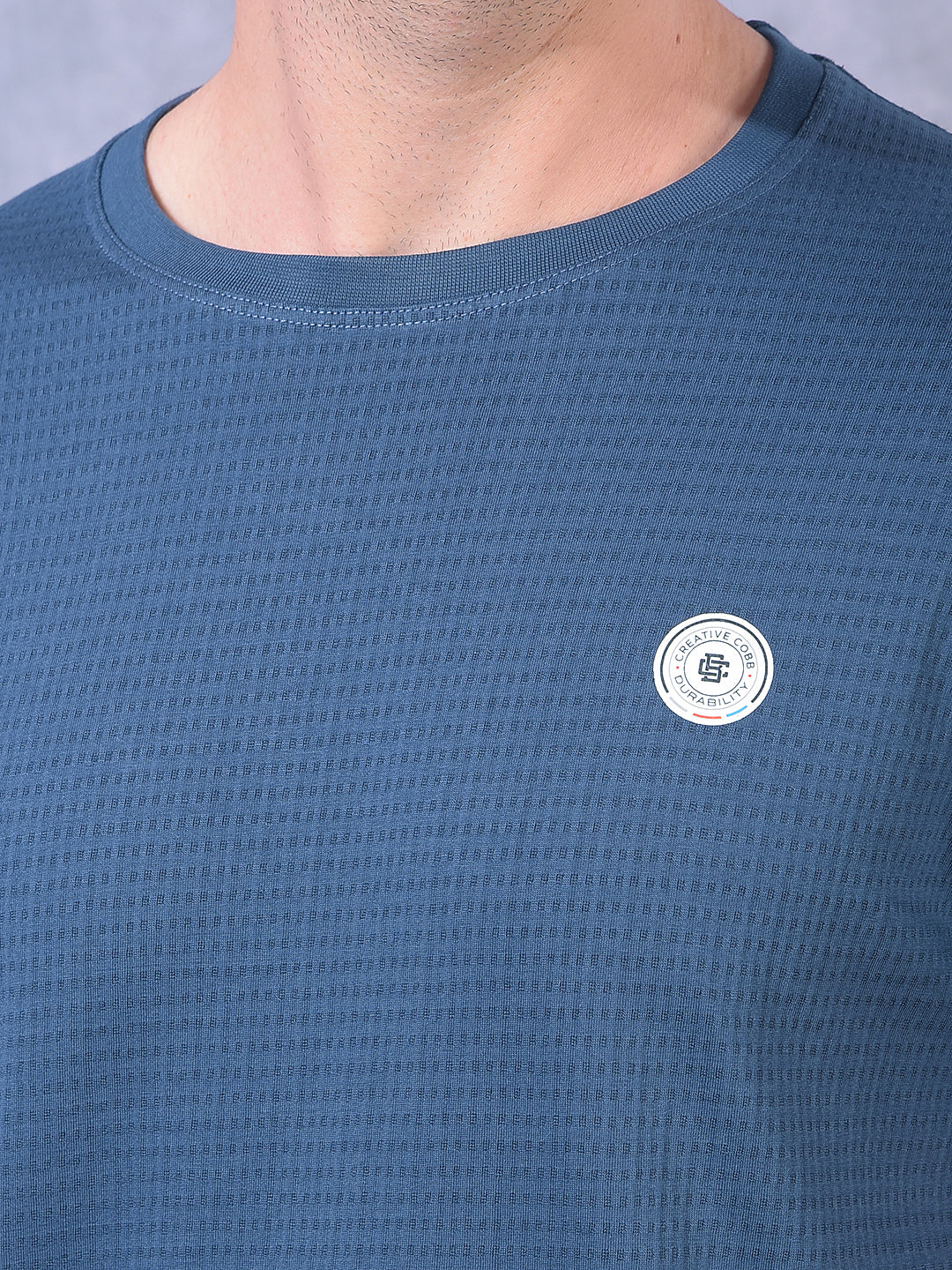 COBB NAVY SELF-DESIGN ROUND NECK T-SHIRT