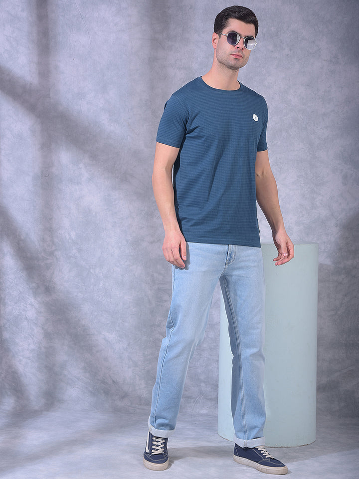 COBB NAVY SELF-DESIGN ROUND NECK T-SHIRT