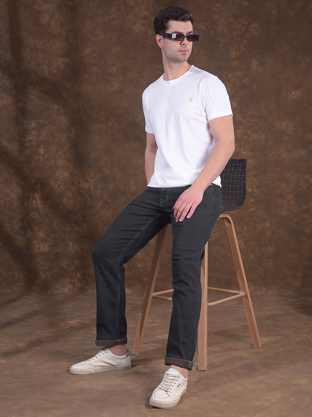 COBB WHITE SELF-DESIGN ROUND NECK T-SHIRT