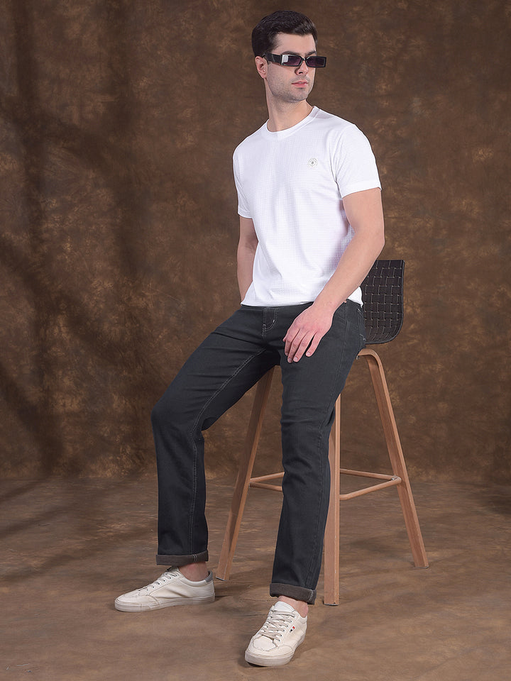 COBB WHITE SELF-DESIGN ROUND NECK T-SHIRT