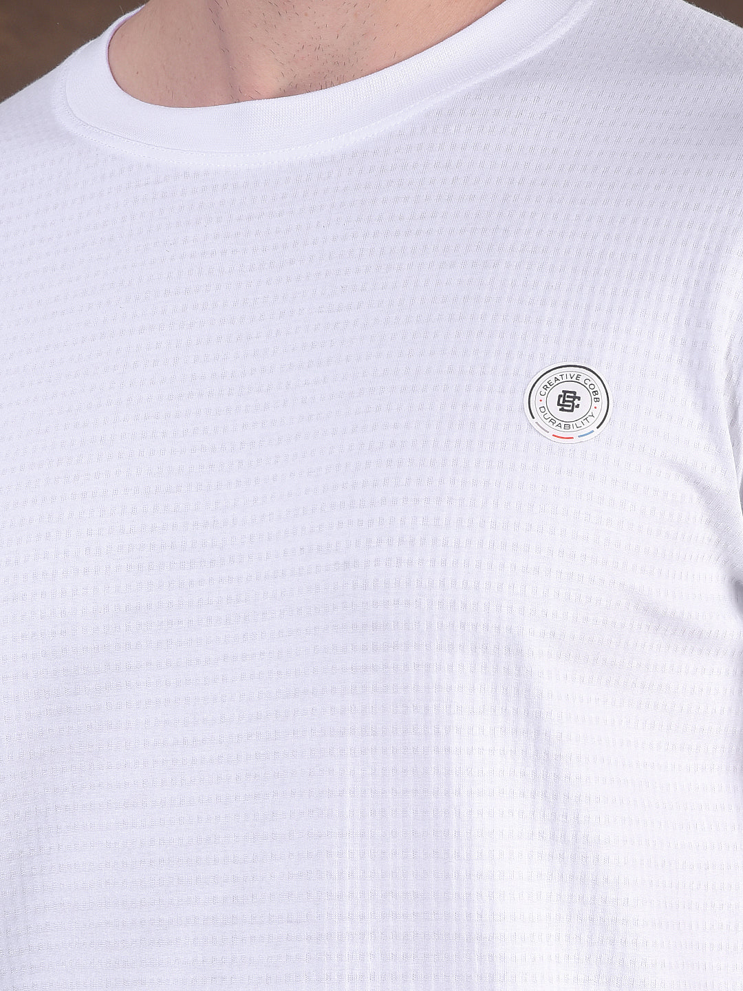 COBB WHITE SELF-DESIGN ROUND NECK T-SHIRT