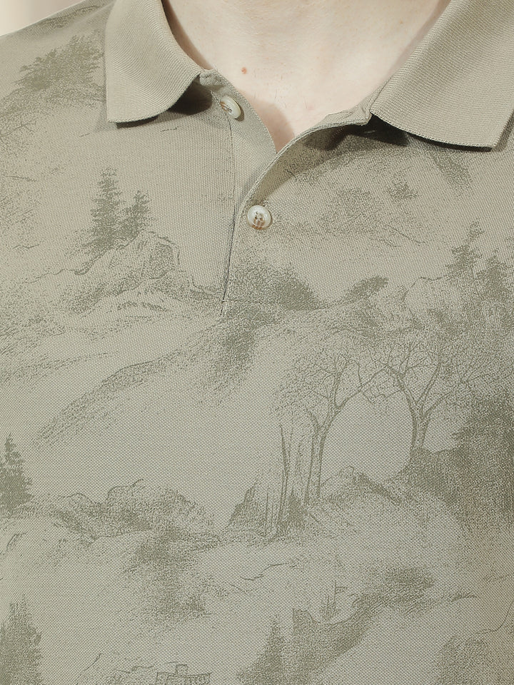 COBB GREEN PRINTED POLO NECK T-SHIRT