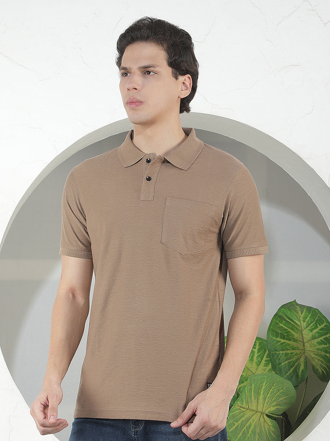 LIGHT BROWN TEXTURED POLO T-SHIRT