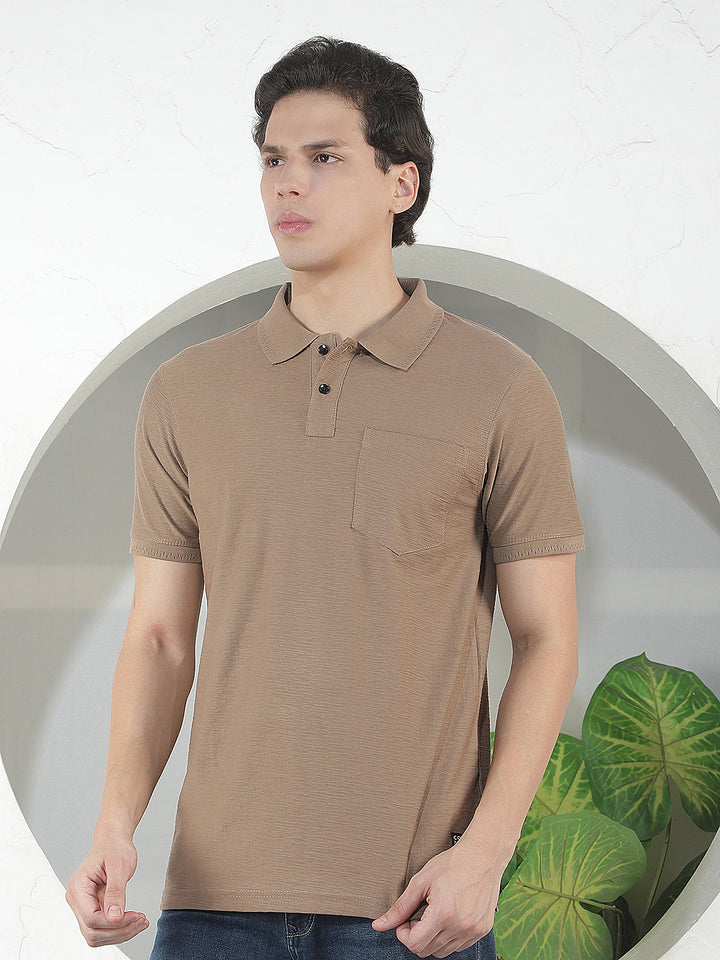 LIGHT BROWN TEXTURED POLO T-SHIRT