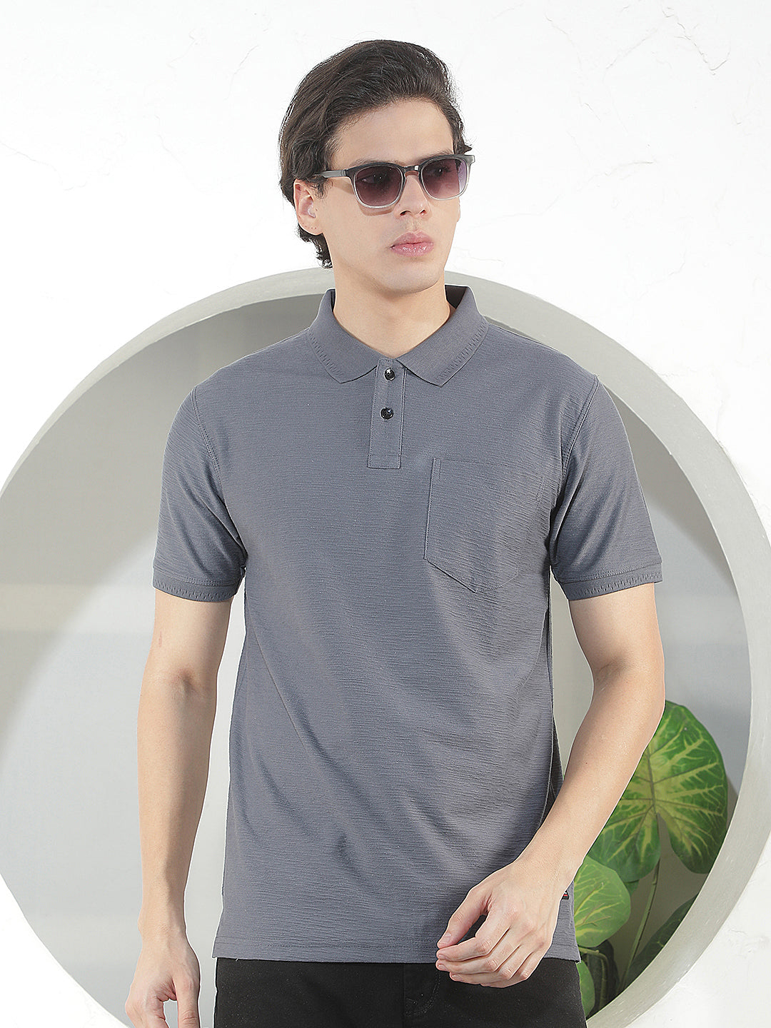 slate grey textured polo t-shirt