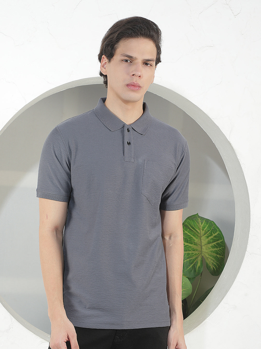 slate grey textured polo t-shirt