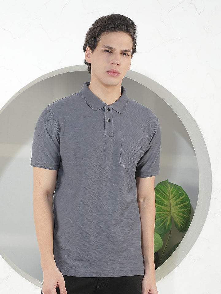 slate grey textured polo t-shirt