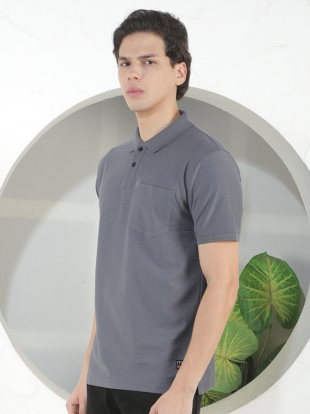 SLATE GREY TEXTURED POLO T-SHIRT