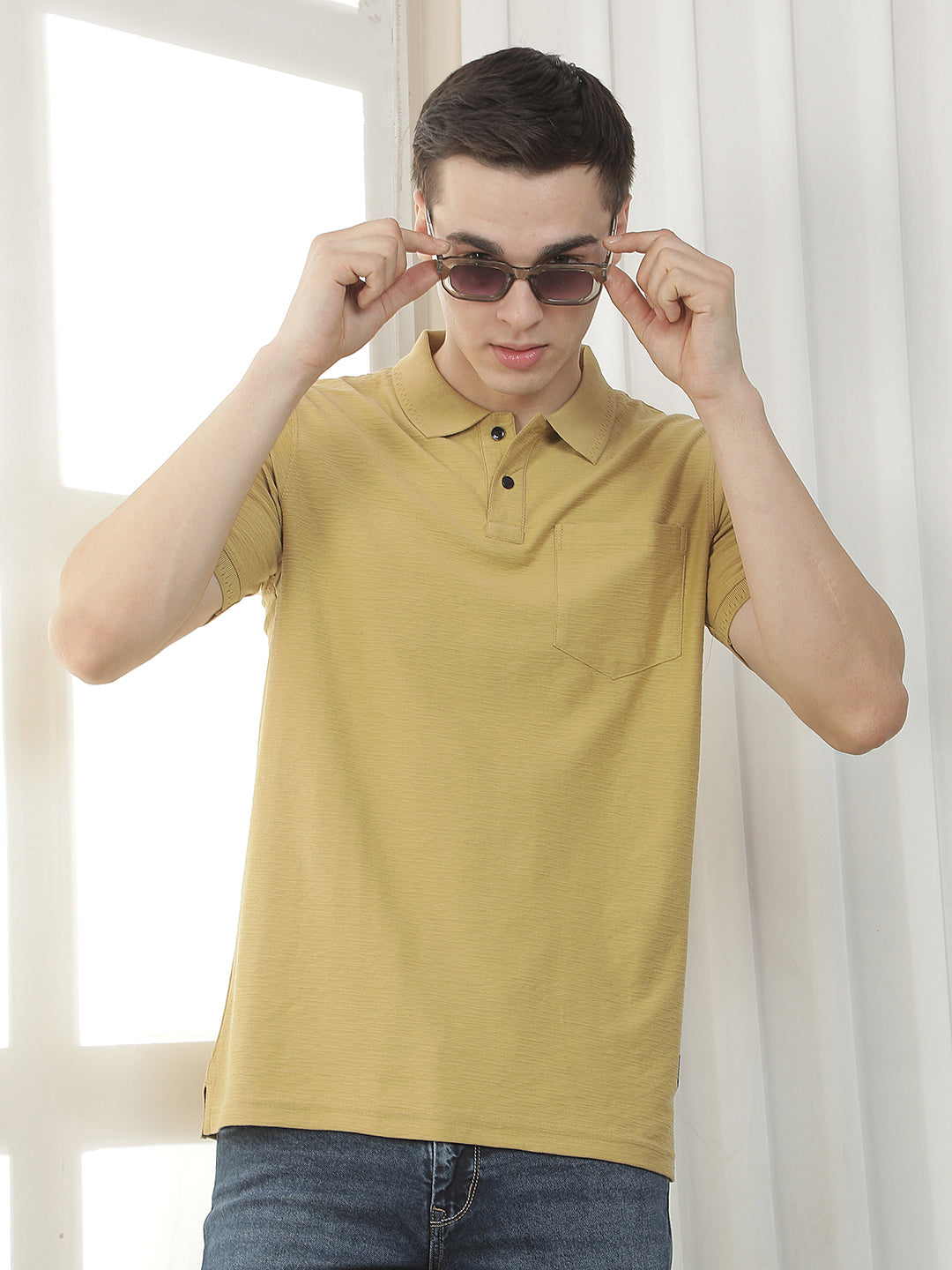 mustard textured polo t-shirt