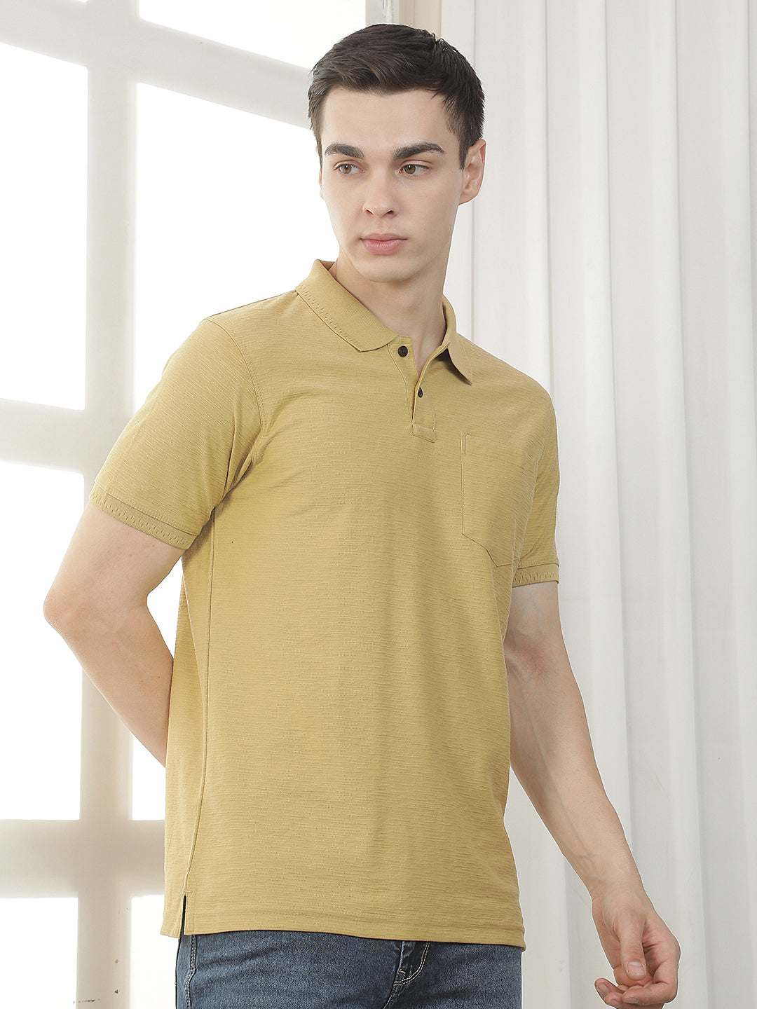 MUSTARD TEXTURED POLO T-SHIRT
