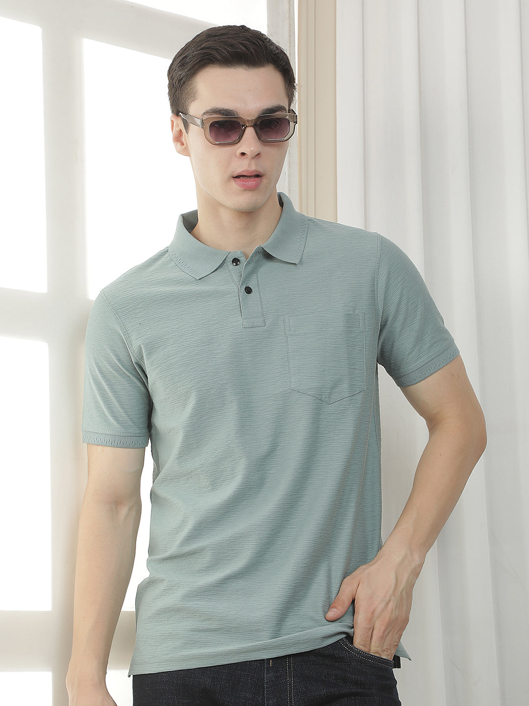 sea green textured polo t-shirt