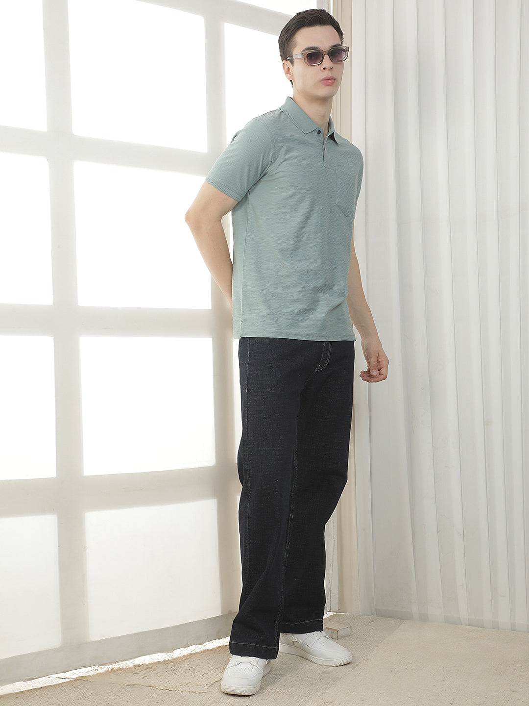 SEA GREEN TEXTURED POLO T-SHIRT