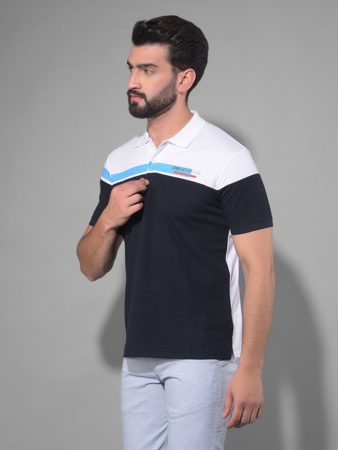 Stand Out with Cobb Navy Blue Printed Polo Neck T-Shirt | Shop Now!