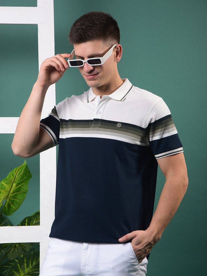 cobb navy blue striped polo neck t-shirt