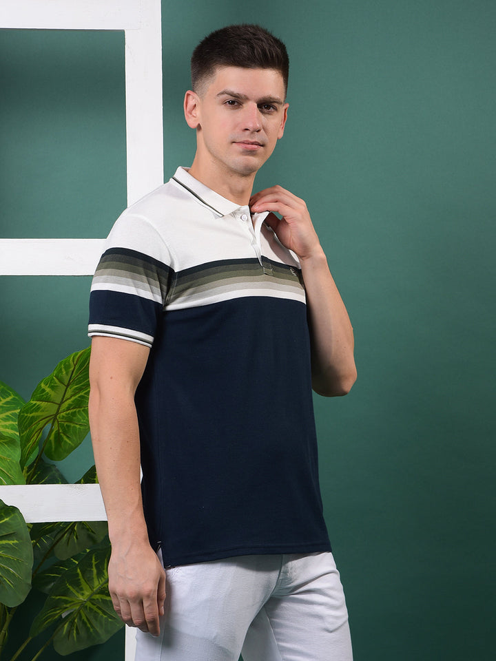 COBB NAVY BLUE STRIPED POLO NECK T-SHIRT