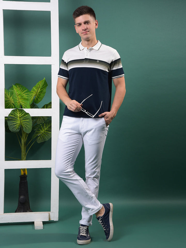 COBB NAVY BLUE STRIPED POLO NECK T-SHIRT
