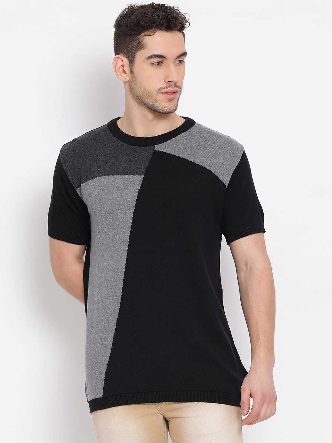 Cobb Black Striped Round Neck T-Shirt Black