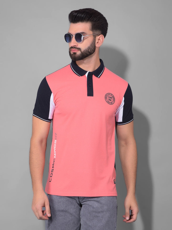 COBB CORAL NAVY COLOURBLOCK POLO NECK T-SHIRT