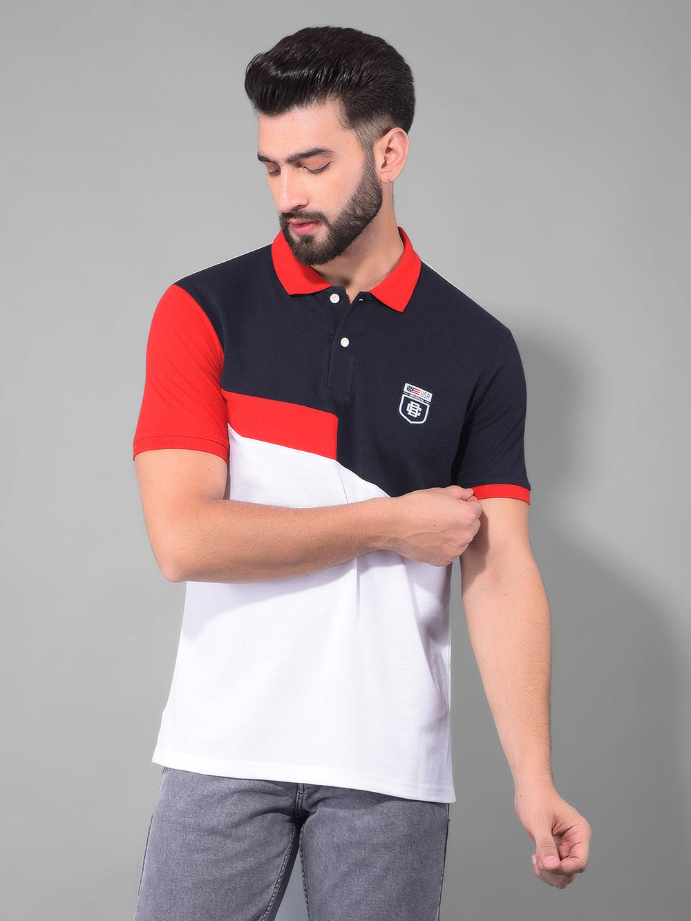 cobb navy red white colourblock polo neck t-shirt